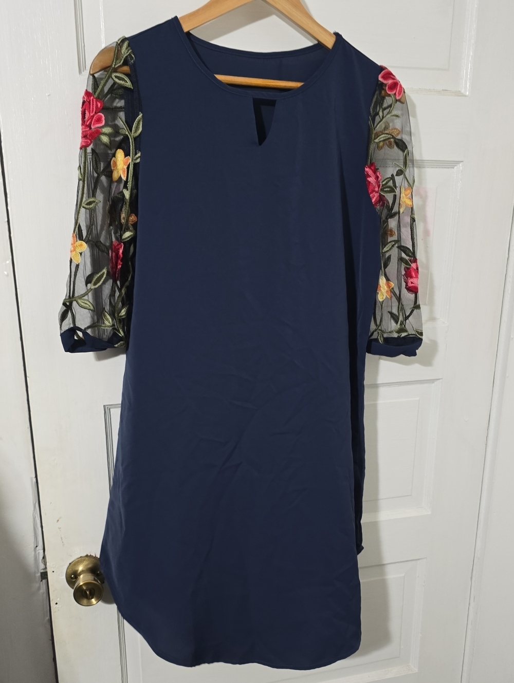 Emery Rose Navy Midi Dress with Floral Embroidered Mesh Sleeves